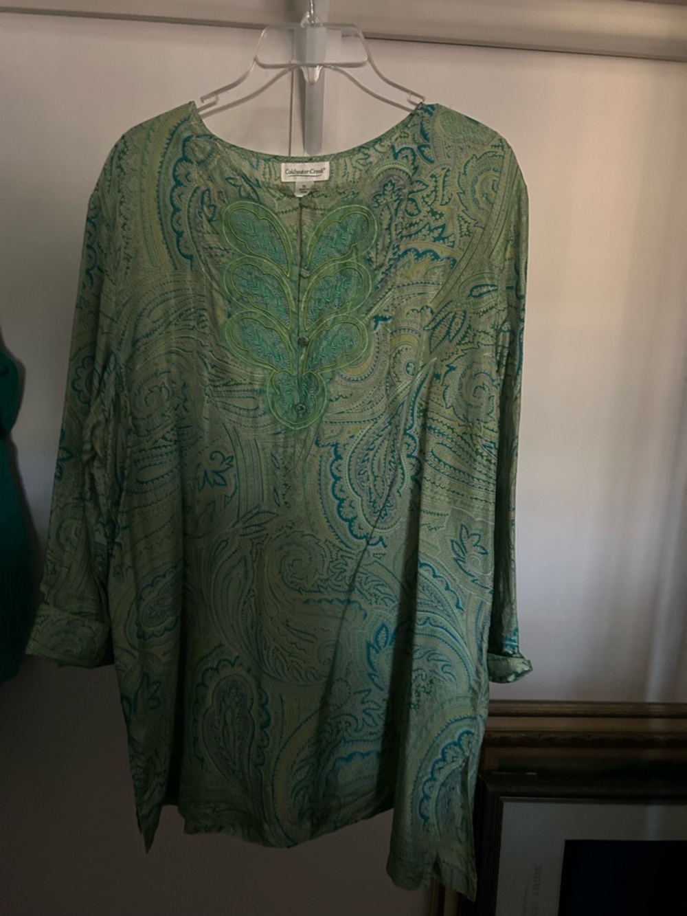 Cold water creek XL Light Green Paisley Tunic Top with Teal Accents